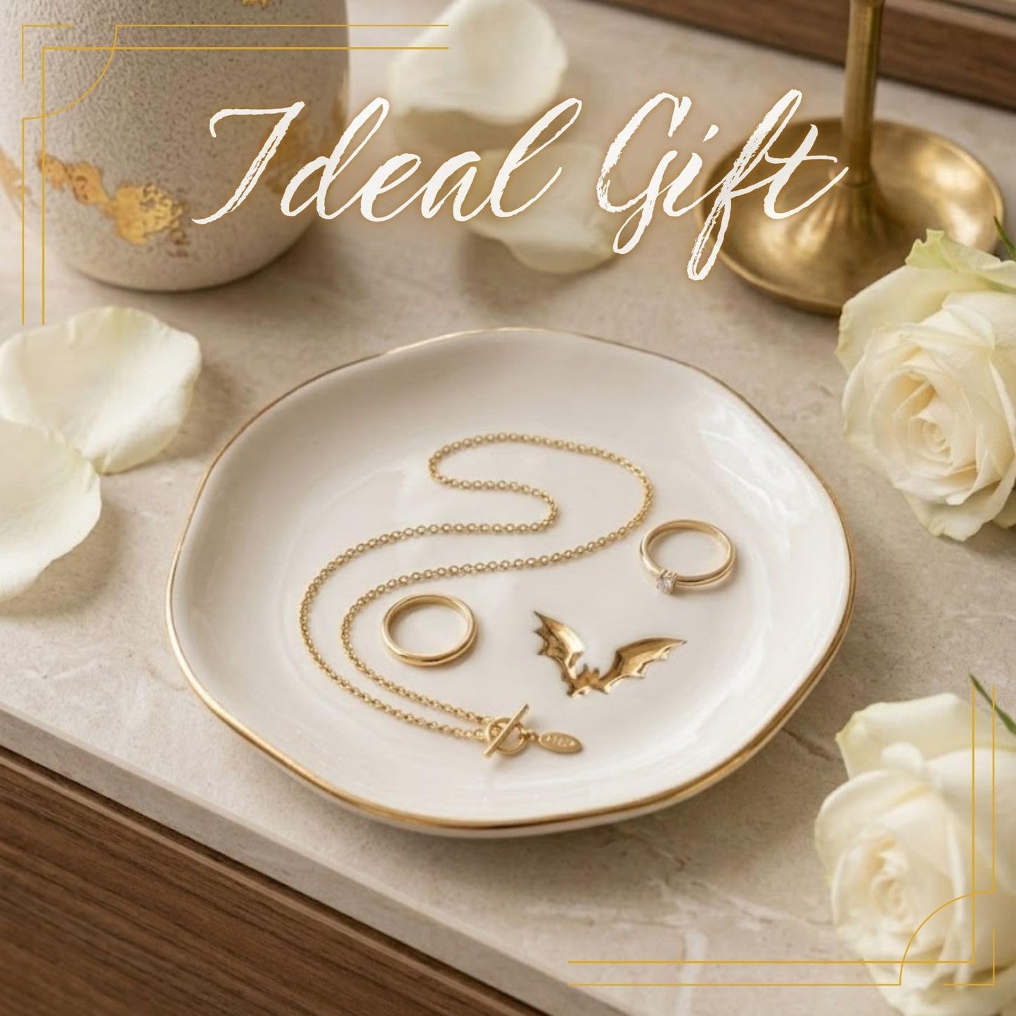 InnoBeta Bat gifts, Halloween Goth gifts, Bat Decorative Trinket Dish, 4.75" Handcrafted Ceramic Ring Dish with Gold Trim, Birthday Gift for Women