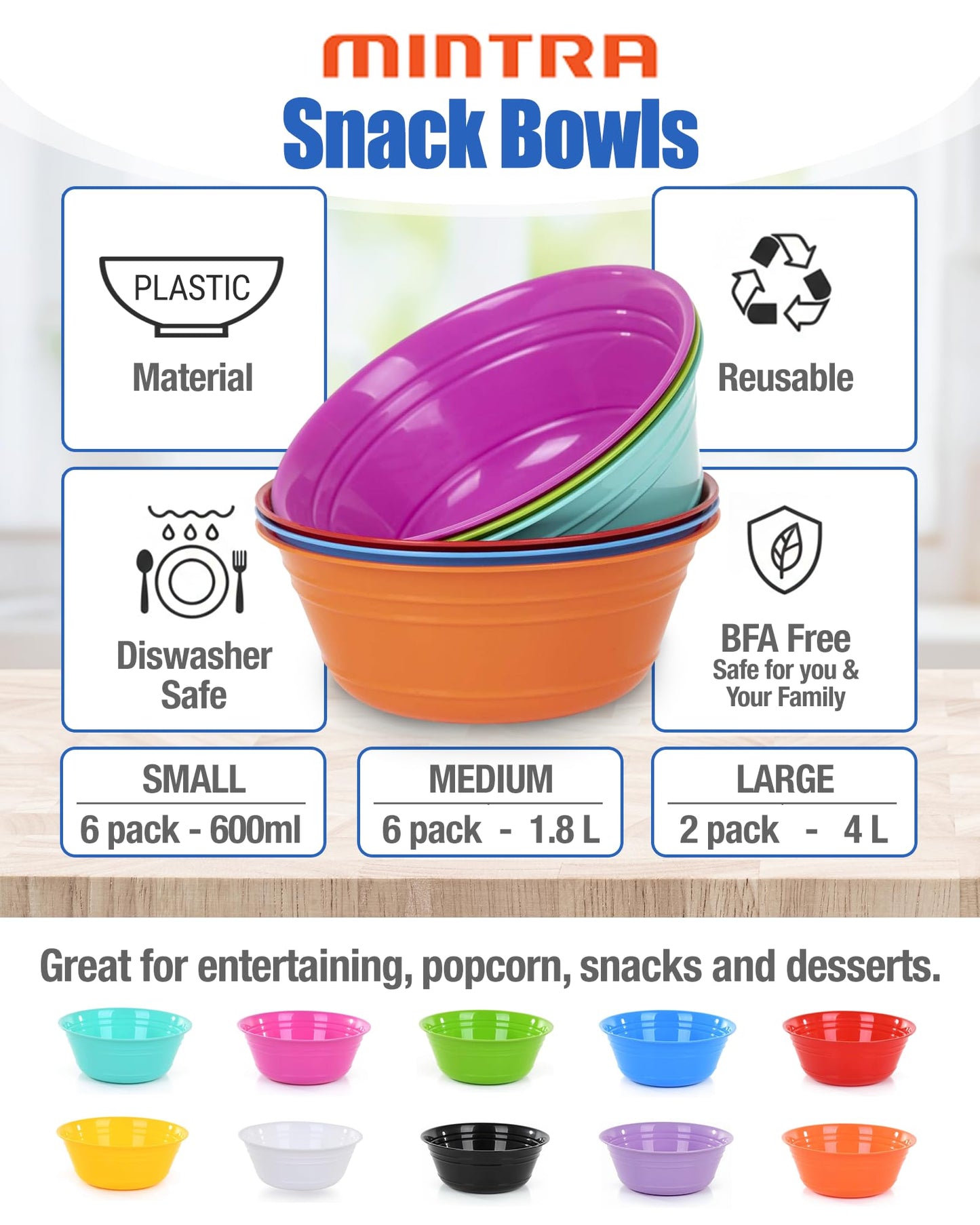 Mintra Home Plastic Bowls (4L Large 2pk, Orange) -10.75W x 4.5inH - large orange plastic bowl for popcorn, snacks, drinks, candy, Halloween, trick or treat bowls - 2 Pack