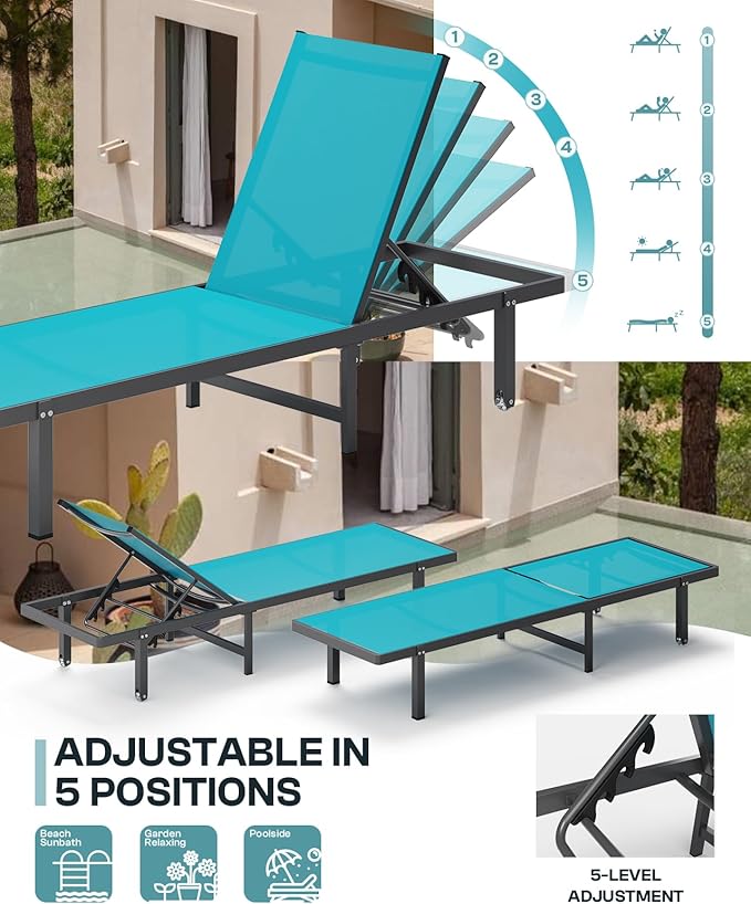 Lounge Chair Outdoor with Wheels, Aluminum Patio Chaise Lounge Chair with 5