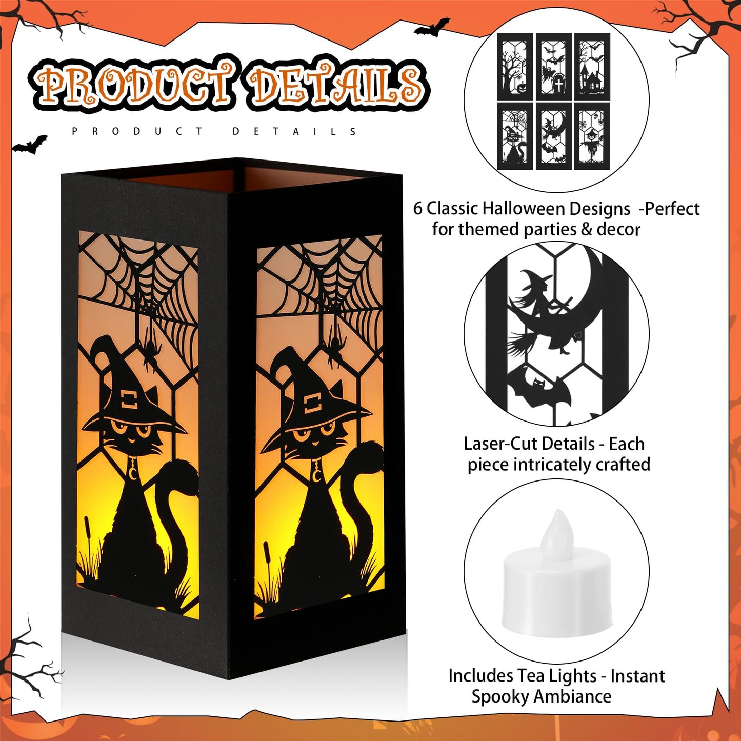 Riakrum 6 Pcs Halloween Table Decorations Table Centerpieces Boxes with Battery Operated Candle Holders Ghost Spiders Bat Silhouette Sketch Paper Lantern Boxes for Movie Night Party (Yellow Light)