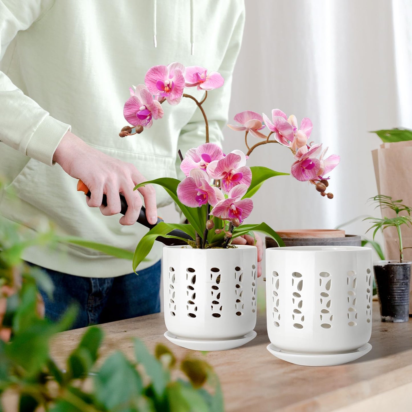 KERUITA Ceramic Orchid Pots with Holes – 5" & 6" Orchid Planter Set with Drainage and Saucers, Breathable Orchid Pots for Healthy Roots