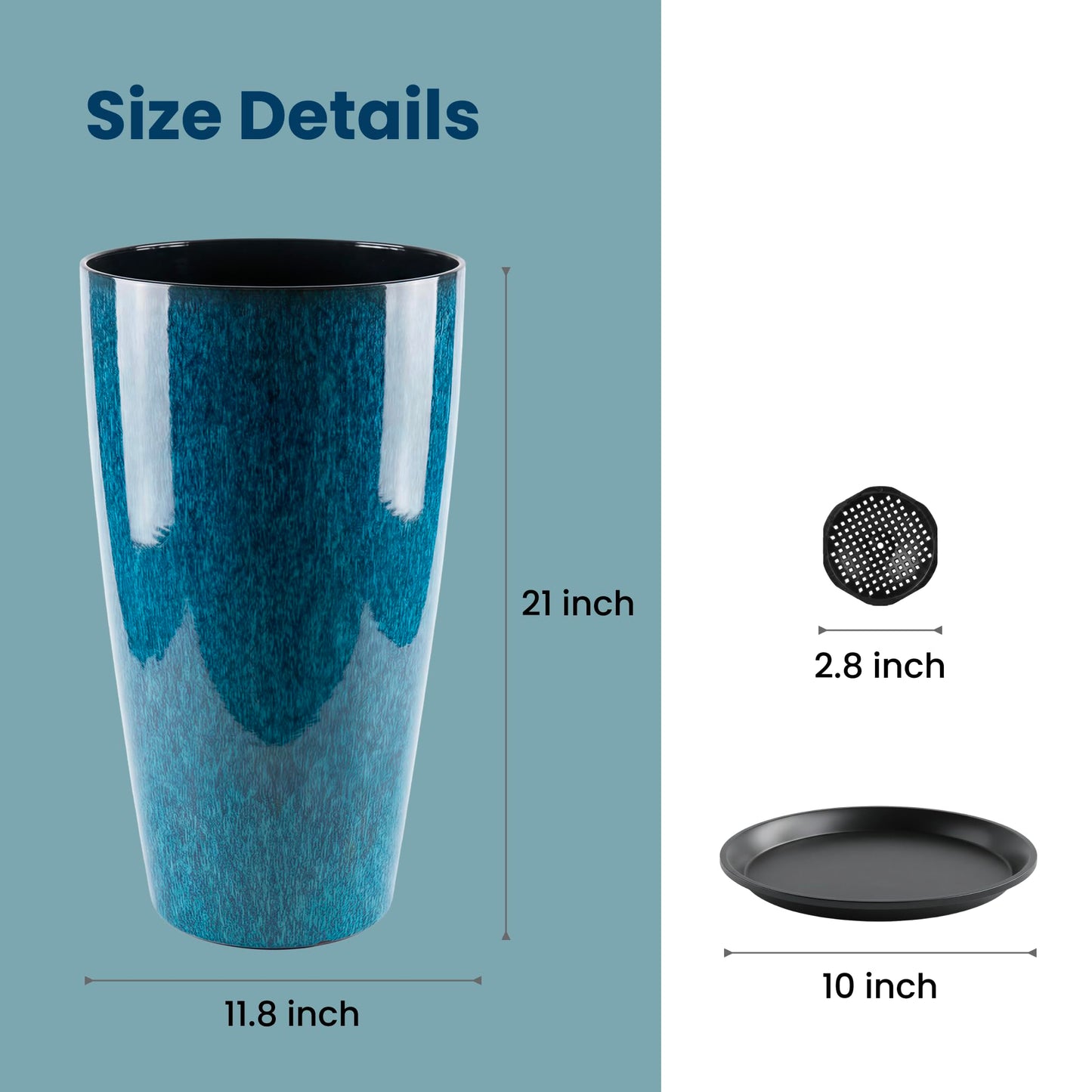 Lucieblessdesign 21 inch Tall Planter, Indoor Outdoor Planter Set of 2 Tall Outdoor Planters for Porch Large Planter Pot with Drainage Hole for Home Garden Front Door (Deep Blue)