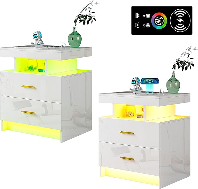 WOOVIVS Night Stand Set 2 with USB/Type-C/Wireless Charging Station, Modern