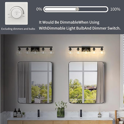 5-Light Bathroom Light Fixtures, Black Vanity Light with Premium Hand-Blown Glass Shades, Ultra-Clear & Impact-Resistant, Wall Lamp for Mirror, Living Room, Kitchen