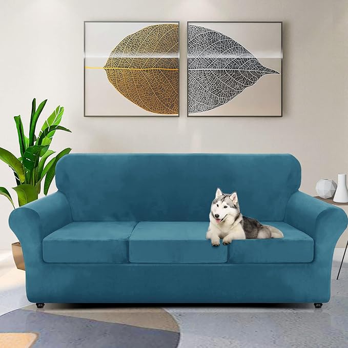 ZNSAYOTX Oversized Velvet Couch Cover 4 Piece Stretch Sofa Covers