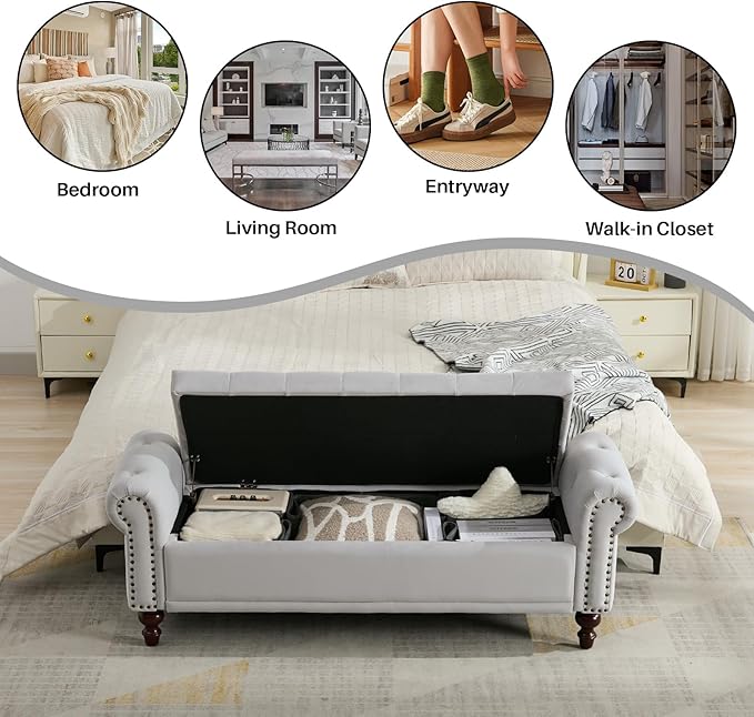 SOFTHION 58.1" Storage Bench Upholstered Velvet End of Bedroom Bed Bench Ottoman