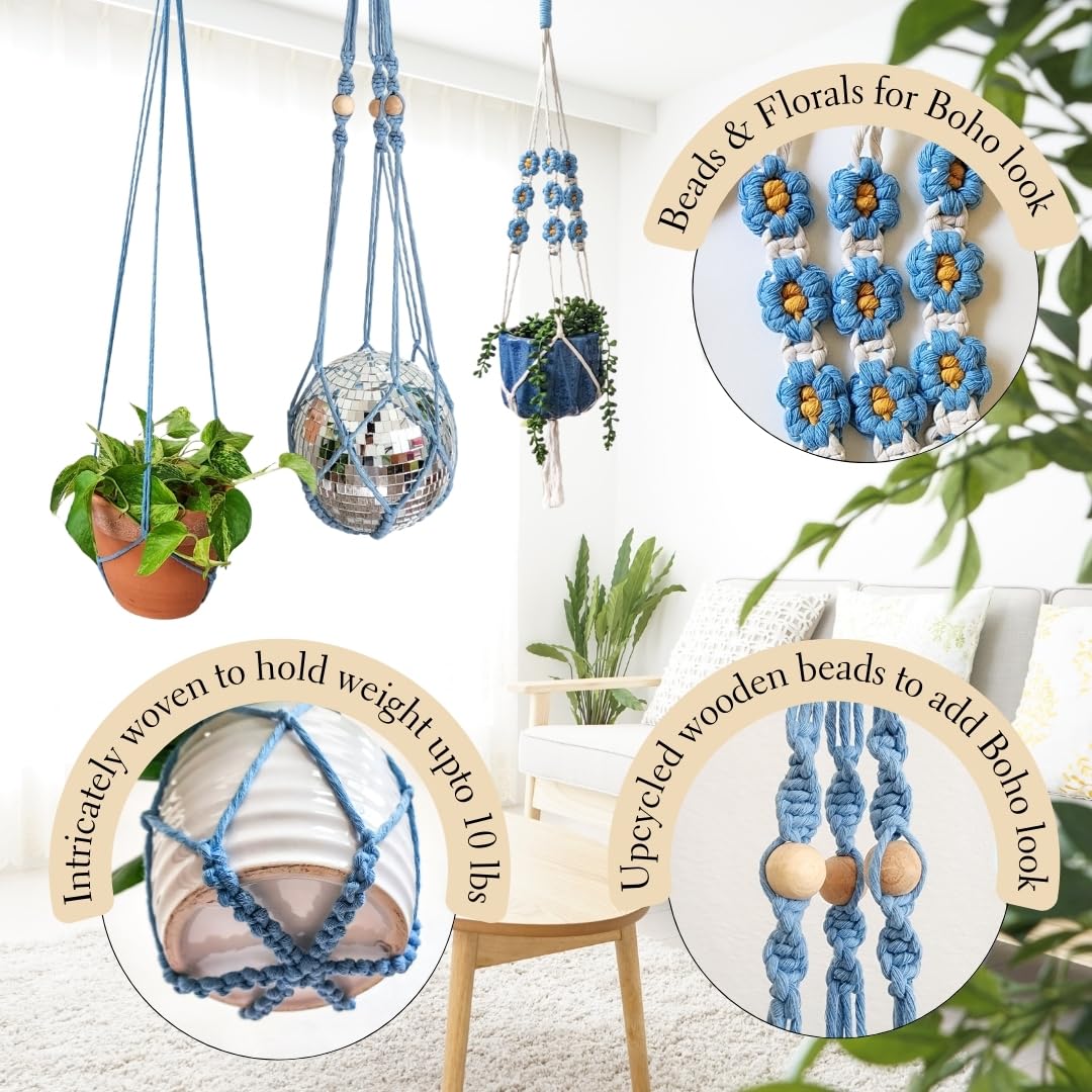 Set of 3 Macrame plant hangers with Daisies & Beads Hanging plant holder Macrame Plant hangers outdoor and indoor hanging planters Plant stand indoor Boho Decor hanging planter stand (Cloudy Day)