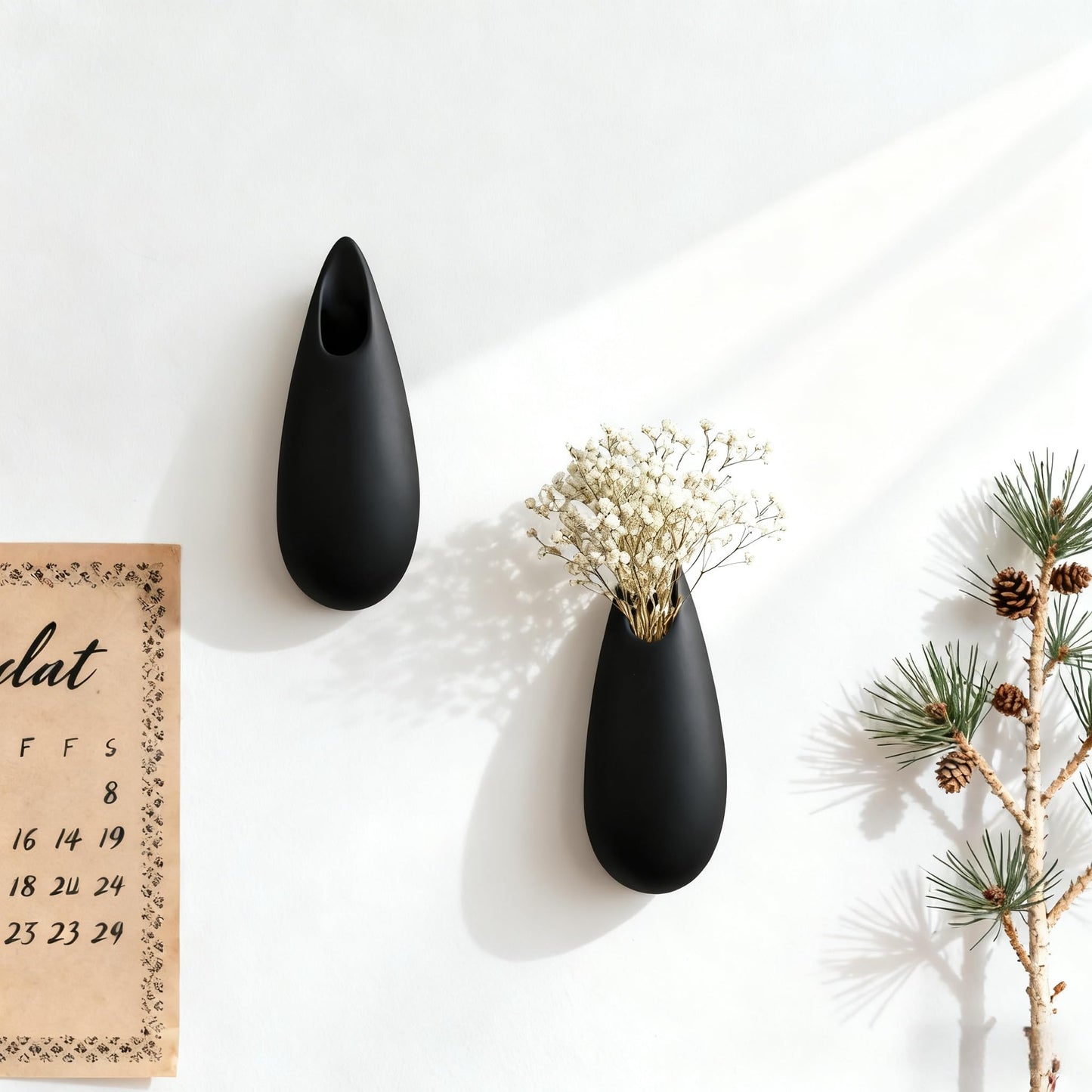 DOCFLVAS Sculptural Wall Ceramic Vase — 2 Pack Black Hanging Sconce Vase | Turn Flowers into Art — Decorative Ceramic Wall Sconce for Single Stem Displays