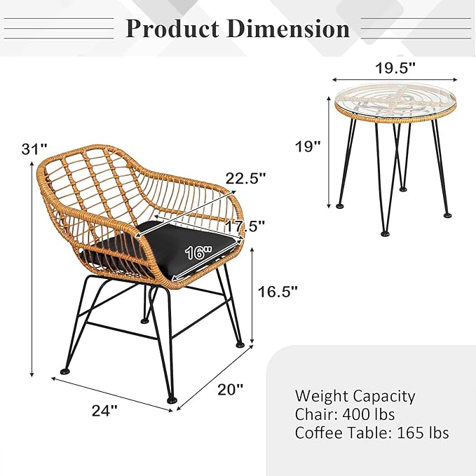 Tangkula 3 Pieces Patio Bistro Set, Rattan Conversation Set
