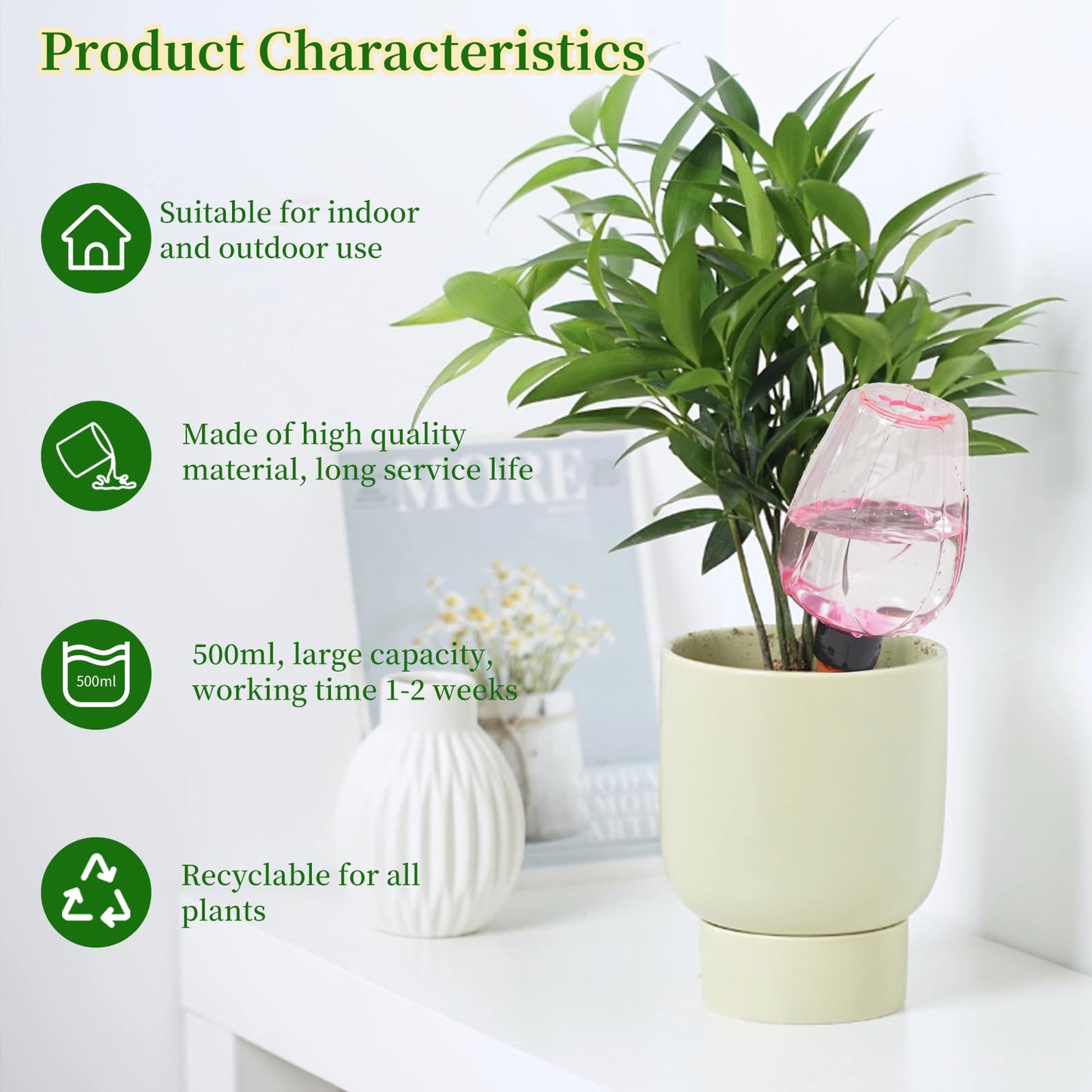GEWOSI 6pcs Plant Self Watering Globes, Plastic Water Bulbs Top Fill, 12.3 oz Plant Watering Devices System Slow Release Terracotta, Water Spikes Stakes for Indoor (Pink-6pack)
