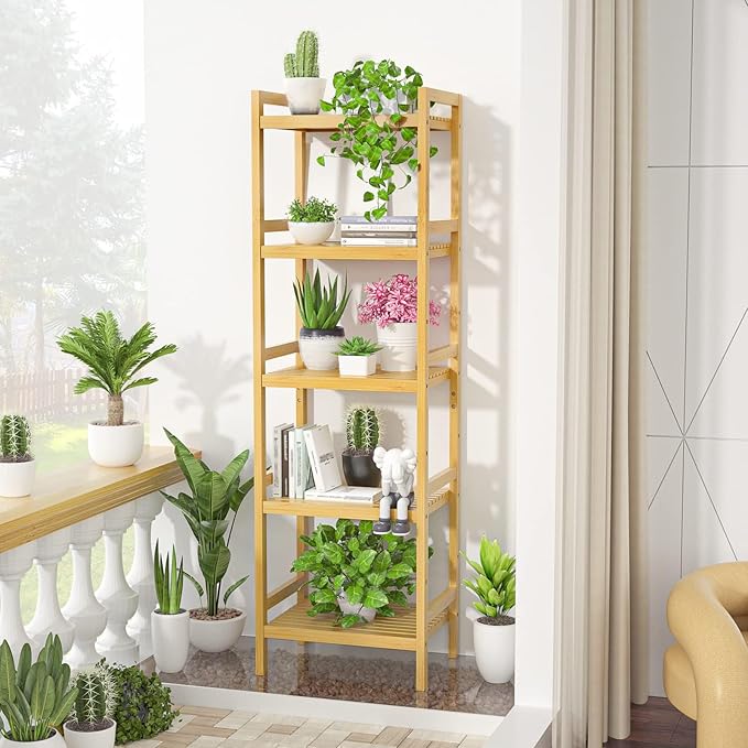 Homykic Bamboo Bookshelf, 5-Tier Narrow 55.9” Adjustable Book Shelf Bookcase