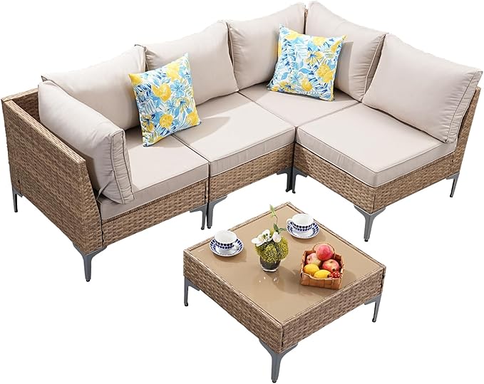 5-Piece Patio Furniture Set, Outdoor Wicker Sectional Sofa