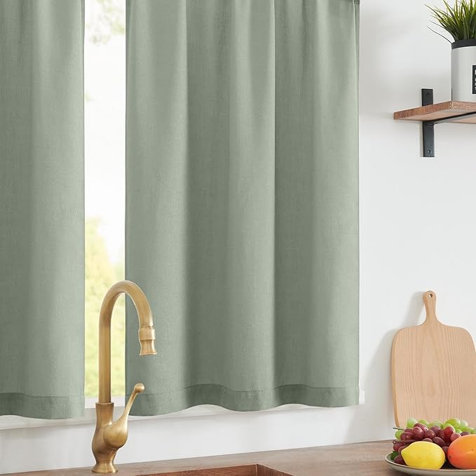 jinchan Linen Textured Tier Curtains 36 Inch for Kitchen Windows Farmhouse Cafe Curtains Small Drapes Rustic Light Filtering Half Window for Living Room Laundry Rod Pocket 2 Panels Green