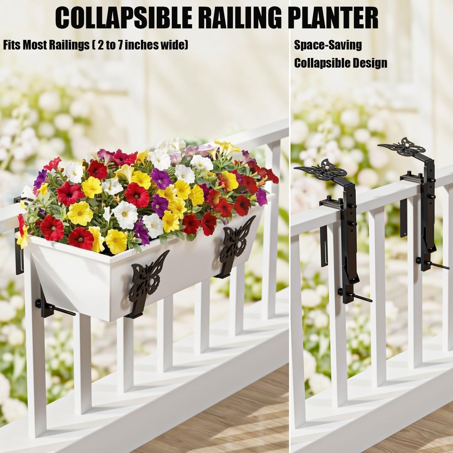 HFHOME Window Box Brackets, Adjustable Planter Box Brackets, Heavy Duty Flower Railing Planter Bracket for Balcony, with Enhanced Bottom Support, Perfect for Deck, Fence and Garden - Black (4 Pack)