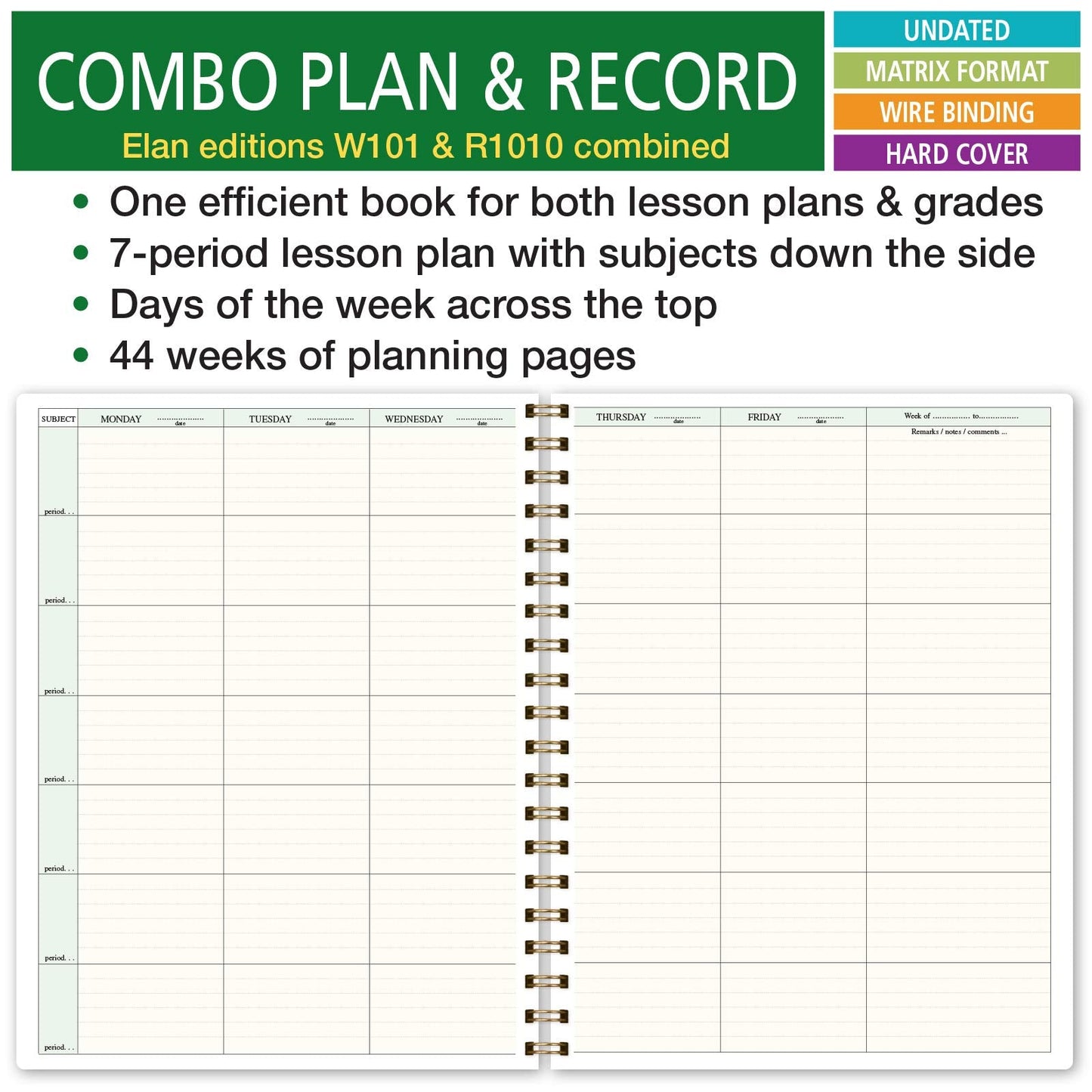 Elan Publishing Company HARDCOVER Combination Plan and Record Book: One efficient 8.5" x 11" book for lesson plans and grades combines W101 and R1010 with Bonus Clip-in Bookmark (Black Floral)