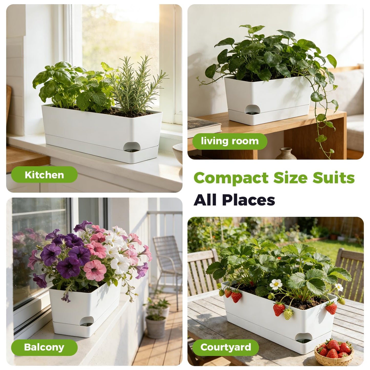 2 Pack Self Watering Pots for Indoor Plants 17 Inches Window Boxes Planters Rectangular Flower Pots Rectangle Herb Pots Large Plant Pots with Drainage Holes and Saucers Windowsill Planter, White