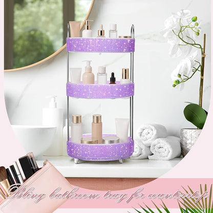 Honeydak 360 Rotating Perfume Organizer for Mother Day Nurse Day Rhinestone Bathroom Counter Organizer Makeup Holder Skincare and Perfume Storage for Cosmetic Countertop(3 Tiers,Resin Stone,Purple)