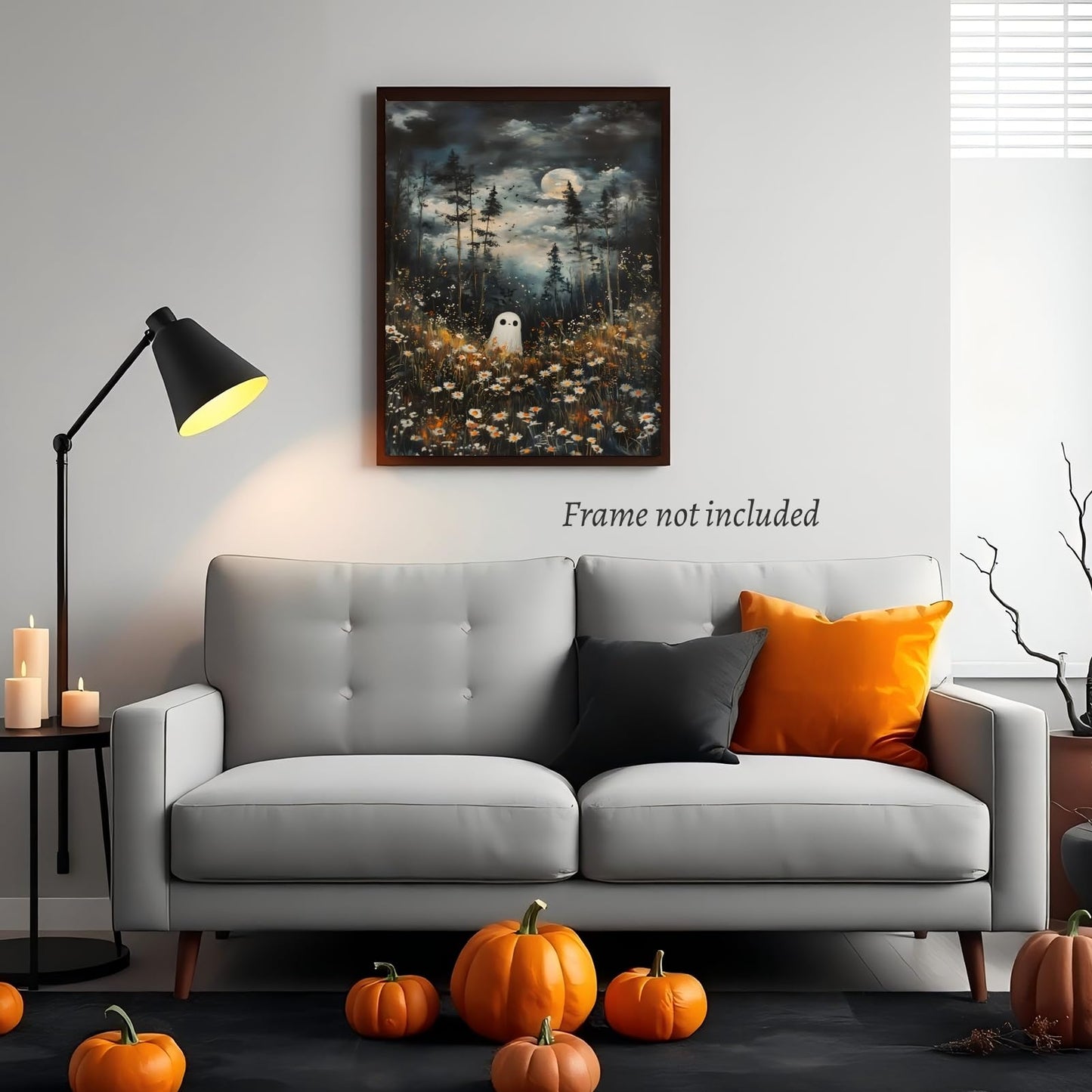 KBBYT Dark Academia Wall Art Ghost In Magical Forest Poster Spooky Halloween Wall Decor Ethereal Ghost Fall Floral Gothic Canvas Print for Witchcore Aesthetic Haunted Room Bedroom 16X24inch Unframed