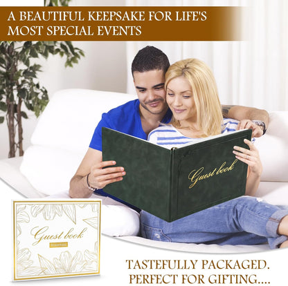 8x10 Leather Guest Book and Standup Sign Set, Gold Foiled Cover Registry Book for Wedding Reception, Retirement Party, Vacation Homes and Events, 120 Pages (Green)