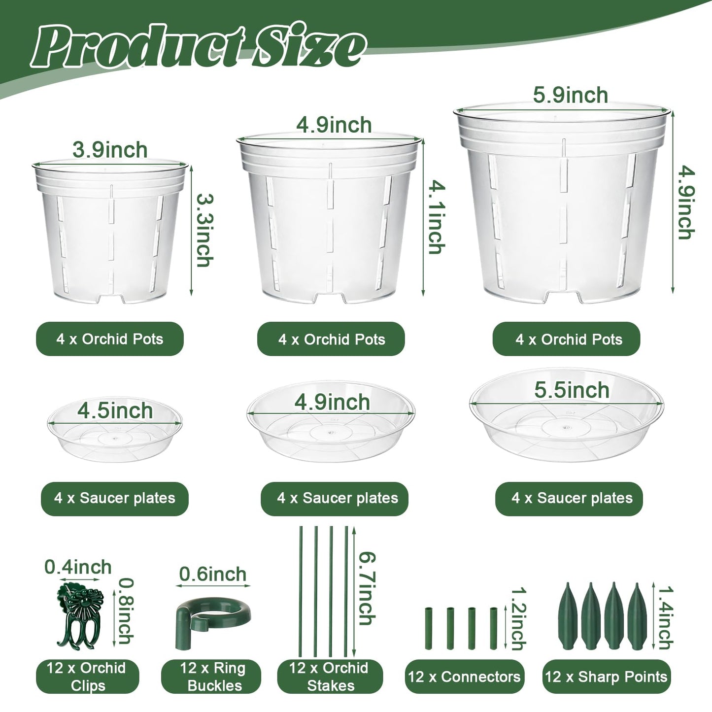 LUCKJUJU 12 Sets Orchid Pot with Holes, 4, 5, 6 Inch Clear Plastic Plant Pot with Saucers, Plant Stakes, Clips, Orchid Pots with Drainage for Repotting for Indoor Outdoor Plants
