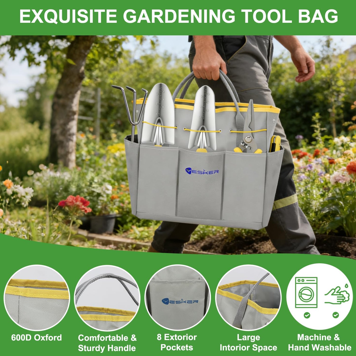 Yesker Gardening Tools 10-Piece Heavy Duty Garden Tool Set Gardening Supplies Gifts for Women Men Gardening Hand Tool Kit w Non-Slip Ergonomic Handle, Garden Bag, Durable Gloves, Pruning Shears, Gray