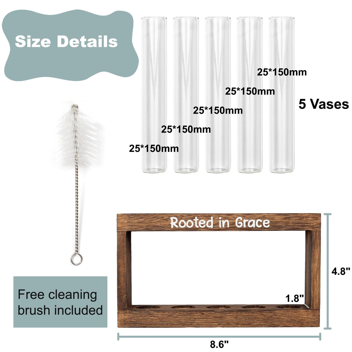 Rooted in Grace Plant Propagation Station – Wooden Stand with 5 Glass Vases, Faith-Inspired Christian Gift for Women, Indoor Plant Cutting Holder for Home, Office, Garden and Housewarming Décor