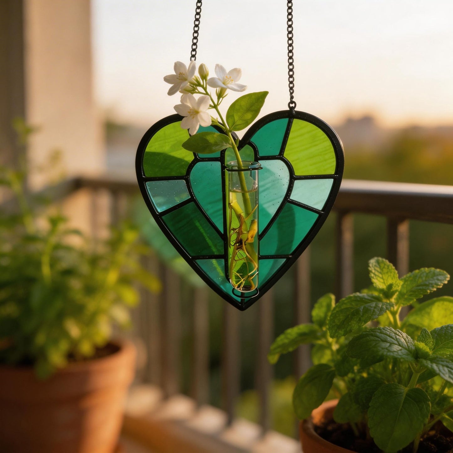 Stained Glass Plant Propagation Station, Handmade Suncatchers Window Hanging Decor, Hanging Hydroponic Planter Terrarium with 2 Glass Tubes for Mother's Day Home & Garden Decor, Green, Indoor Outdoor