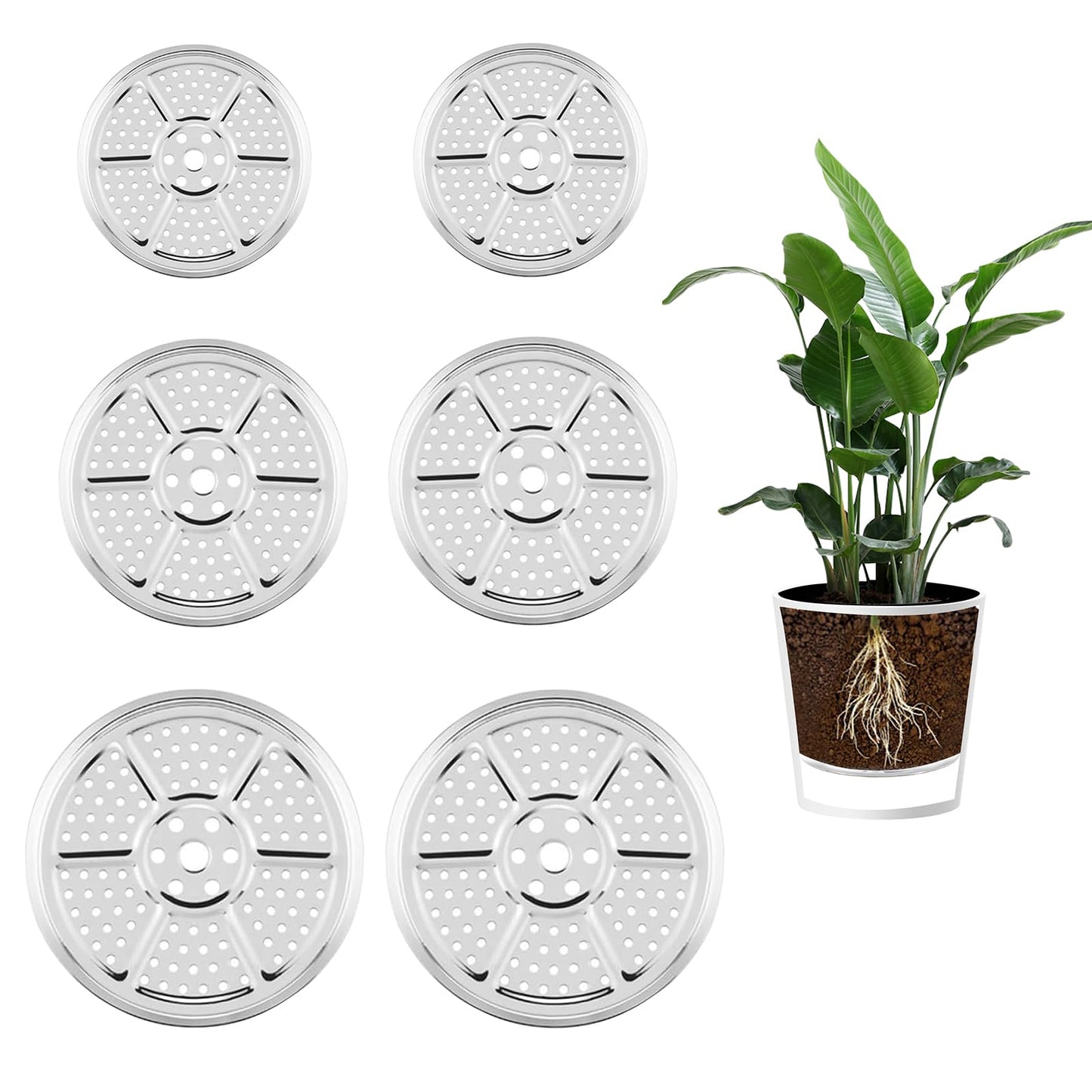 6 PCS Planter Insert for Large Pots, 9''/11''/12'' Stainless Steel Flower Pot Filler with Drainage Holes, Elevate Plants to Reduce Soil Usage, for Tall or Short Planters for Indoor & Outdoor Use