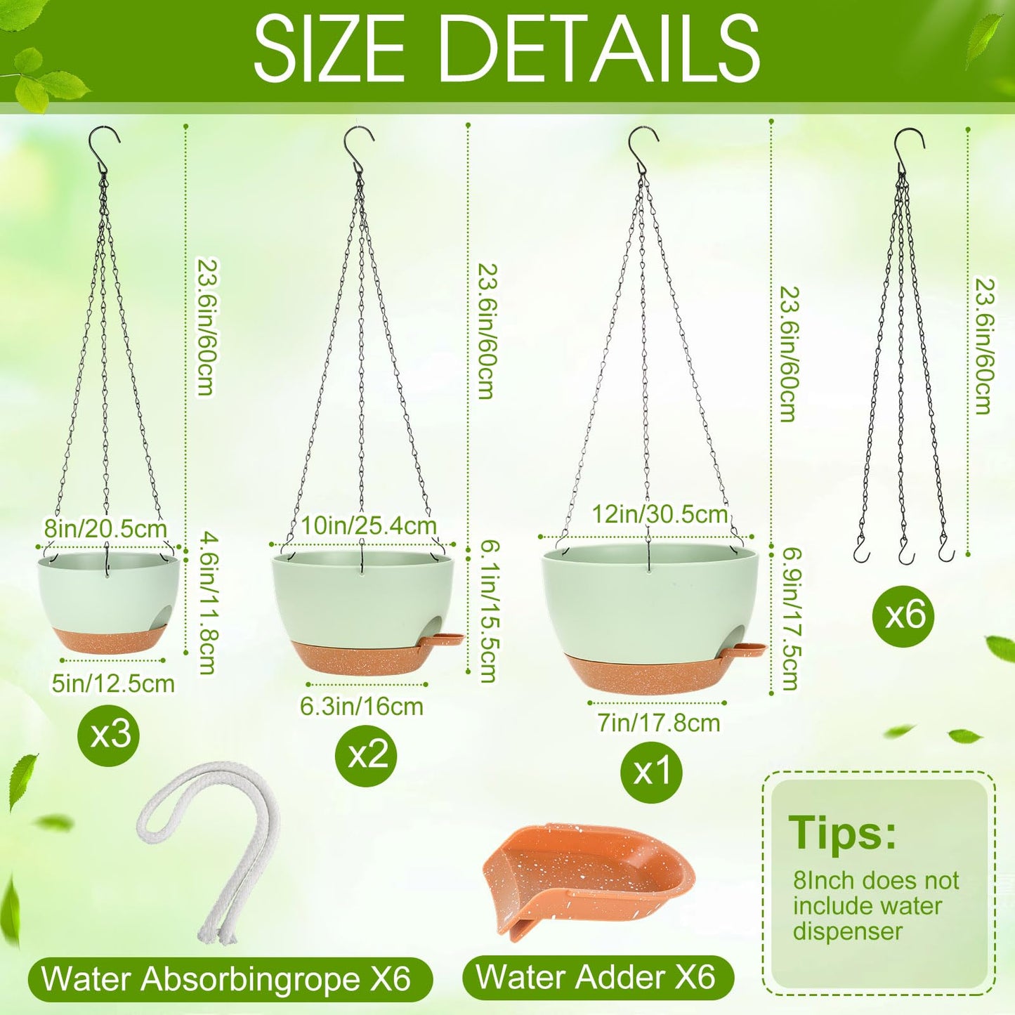 Ferrochef 6 Pack Hanging Planter Set 12/10/8 Inch Plastic Self Watering Hanging Baskets Plant Pot with Drainage Holes and Chain for for Indoor Outdoor Garden Porch Plants