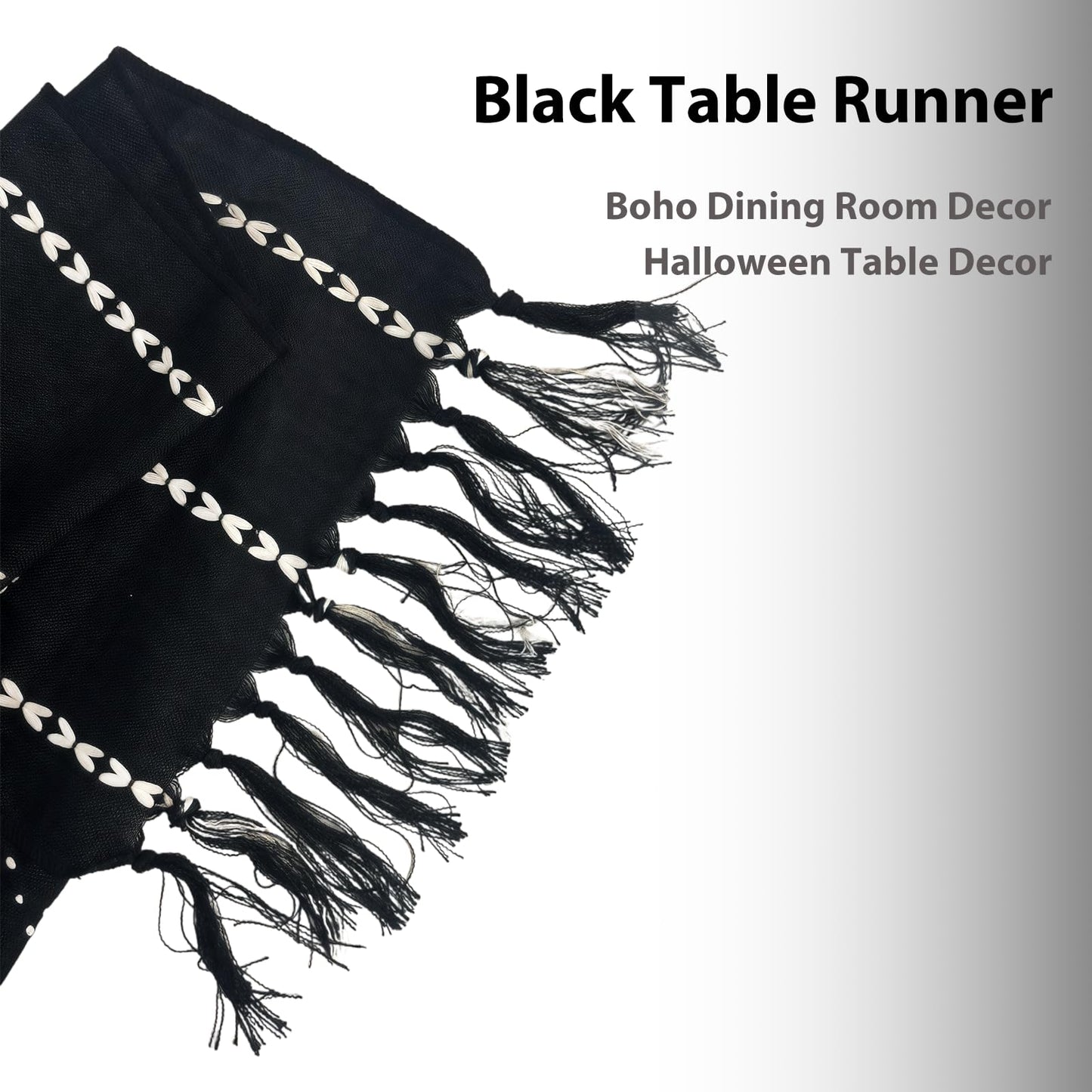 Niviy Halloween Black Table Runner 48 Inches Long, Fall Black Embroidered Striped Braided Boho Table Runner for Holiday Home Party Indoor Outdoor 12 x 48 Inch