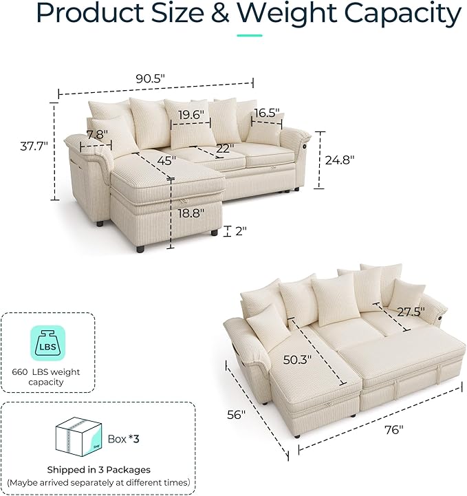 LINSY HOME 90.5'' Sectional Sleeper Sofa