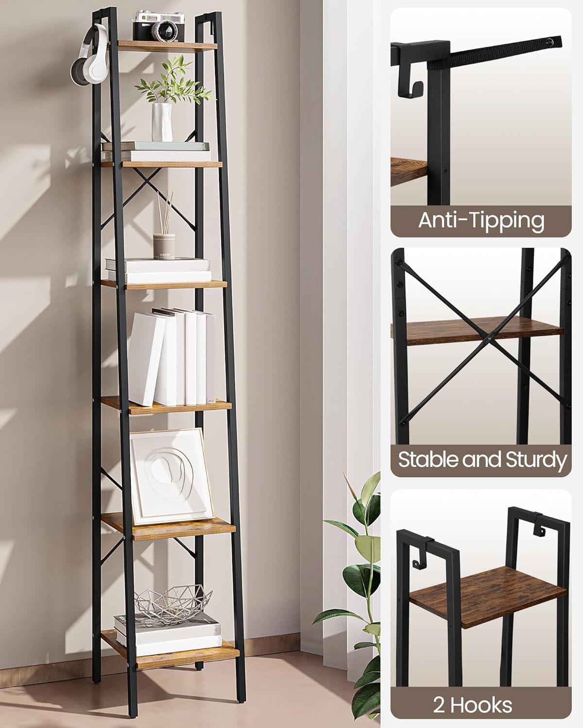 Hzuaneri Ladder Shelf, Bookshelf Bookcase, Freestanding Corner Storage Shelve with 2 Hooks for Home Office, Living Room, Kitchen, Bedroom, Industrial, 11.8"D x 13.4"W x 72.8"H, Rustic Brown BC13301B