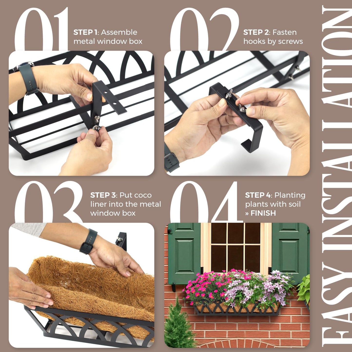 BTRAM 36IN Window Box Railing with Adjustable Brackets, Hanging Flower Planter Basket with Coco Liner for Outdoor Balcony Porch Fence Patio (Black - Set 4)