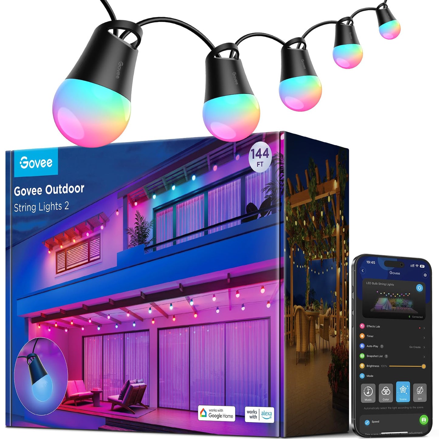 Govee Smart Outdoor String Lights 2, 144ft Outdoor Lights with Dimmable Warm White LED Bulbs, 47 Scene Modes for Patio, Backyard, Balcony, IP65 Waterproof, Works with Alexa, App Control