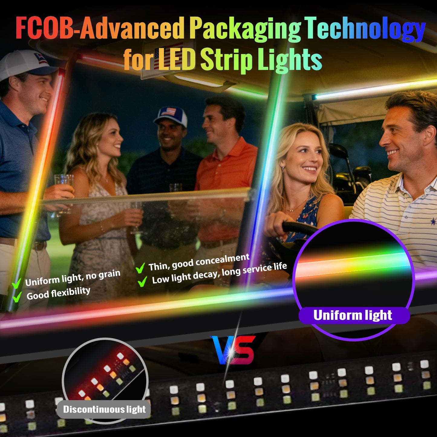 Roykaw 8PCS FCOB Golf Cart Canopy LED Light Strips,ATV/UTV Lights, Dream Color,12-80V, Dimmable & Uniform Lighting Effect, Multi Color/Sync Music/APP Remote Control, IP67 Waterproof