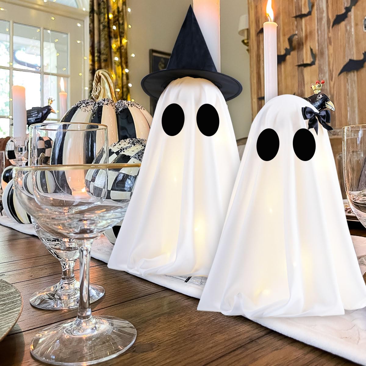 KIWDY [Timer] Light Up Halloween Scary Ghost Decorations, Set of 2 DIY Spooky Crafts for Indoor Home Mantel Shelf & Tabletop Decor White