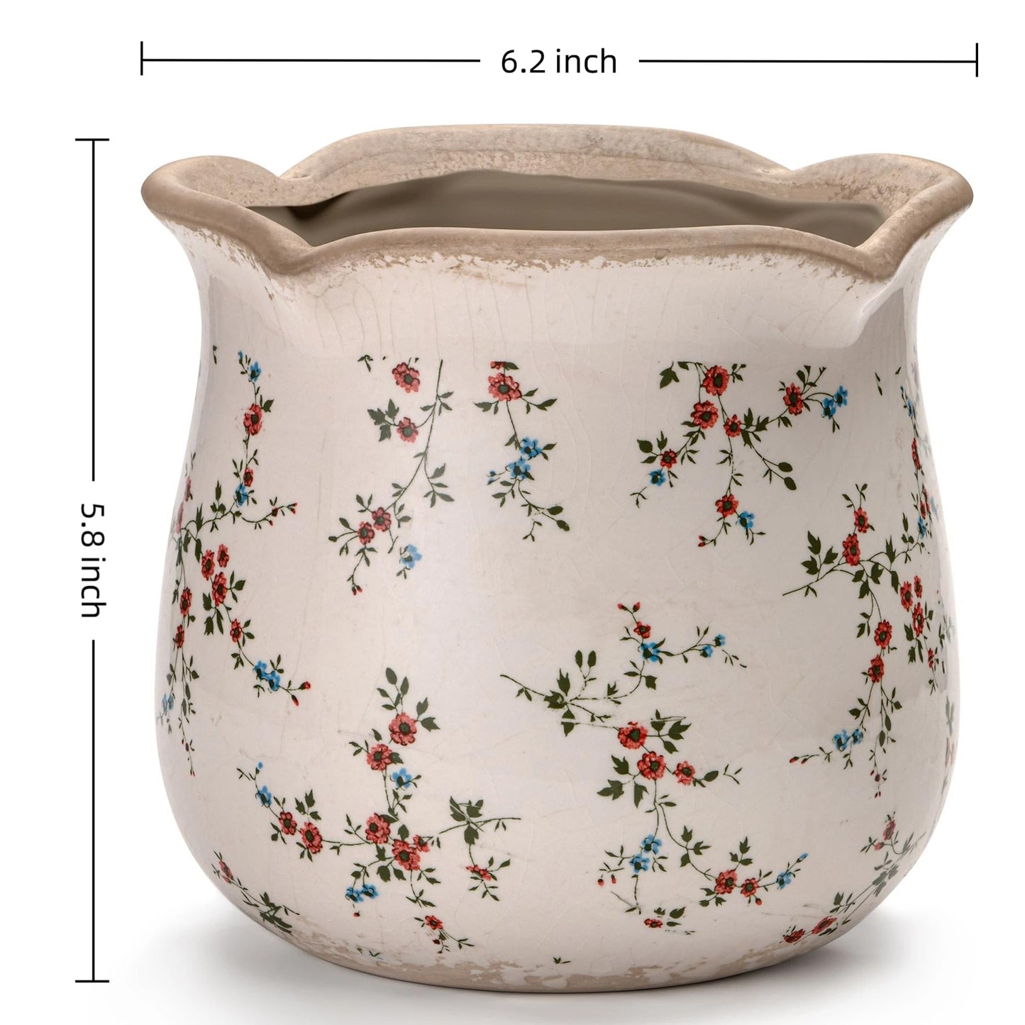 behen bahen Vintage Ceramic Planter Pot with Drainage Holes, Green Floral Design, 6.11 Inch, Distressed Tuscan Style, Indoor Plant Pot and Vase (Small Red Blooms)