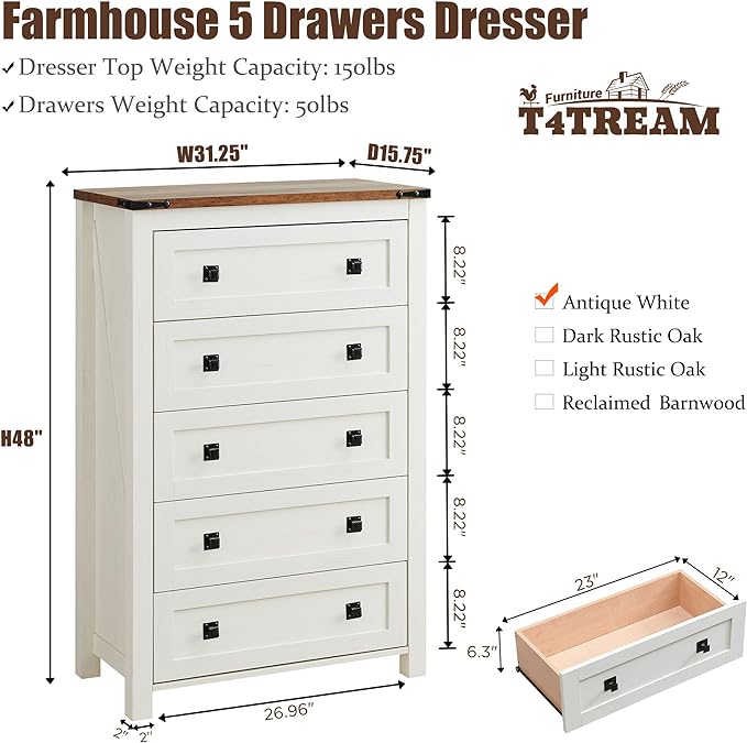 T4TREAM Farmhouse 5 Drawers Dresser Chests