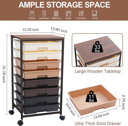 Rolling Carts with Wheels,Utility Cart with 8 Drawers and Wooden Tabletop,Rolling Drawer Cart,Plastic Drawer Storage for Living Room,Classroom,Bedroom,Bathroom,Dorm,Office,Brown