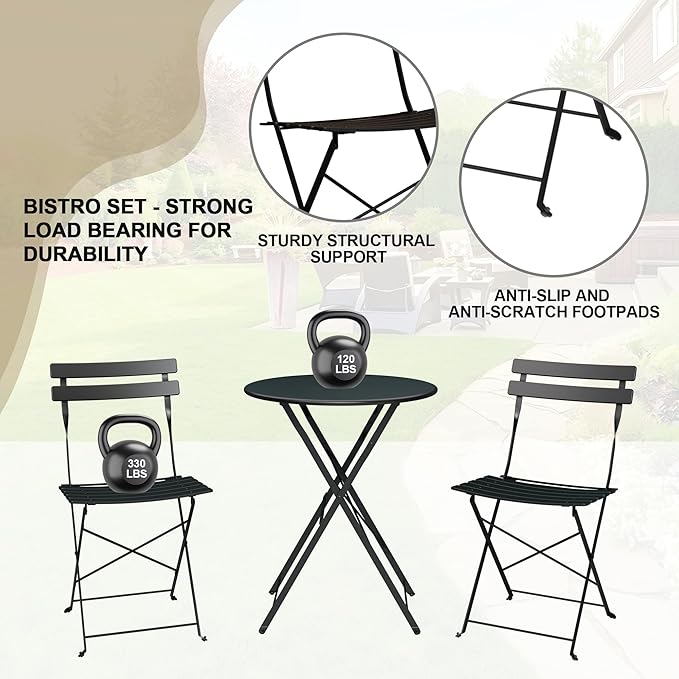 3-Piece Folding Bistro Set, Outdoor Patio Furniture Set