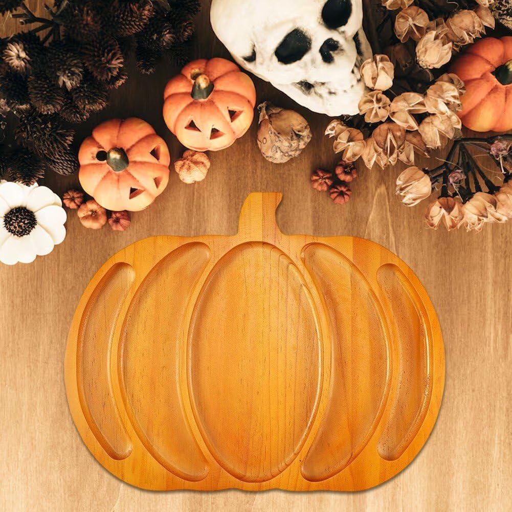 Vbsqic Halloween Pumpkin Tray Wooden Pumpkin Platter Party Cheese Platter Serving Tray Plate,Dried Fruit Dessert Tray for Home Halloween