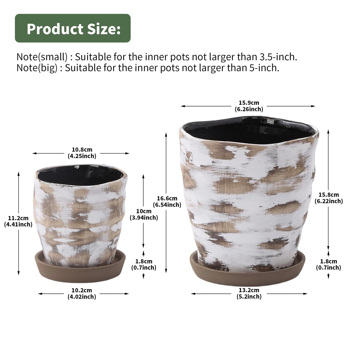 Pkeo Bbun 4+6 Inch Ceramic Planter Set of 2 with Drainage Hole,Saucer for Plants, Indoor-Outdoor Large Round Succulent Orchid Flower Pot- Cement Paint, Inner-pots not Larger Than 5 Inch Light Brown