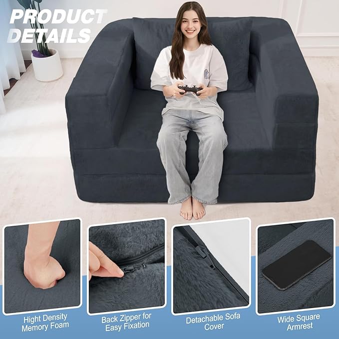 Futon Sofa Bed with Pillow, 3-in-1 Sleeper Sofa Bed with Removable Cover