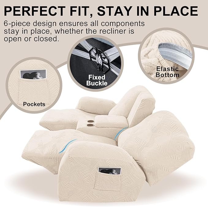 Recliner Loveseat Covers with Console, 6-Piece Stretch Geometric Strokes