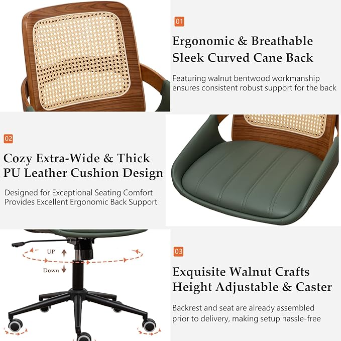 Home Office Desk Chair with Ergonomic Rattan Backrest, Walnut Crafts, Curved