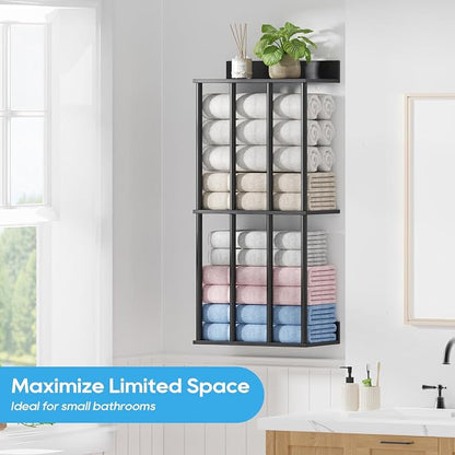 Towel Racks for Bathroom Wall Mounted, Updated 4 Bar Wall Towel Holder | Large Bathroom Towel Storage Rack for Rolled Towels, Modern Metal Towel Organizer Shelf with Wooden Storage Shelf