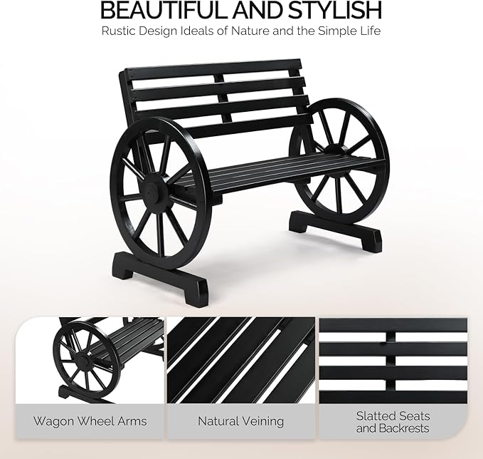 VINGLI Rustic Wooden Wheel Bench Outdoor Bench, Patio Bench Wagon Slatted Seat