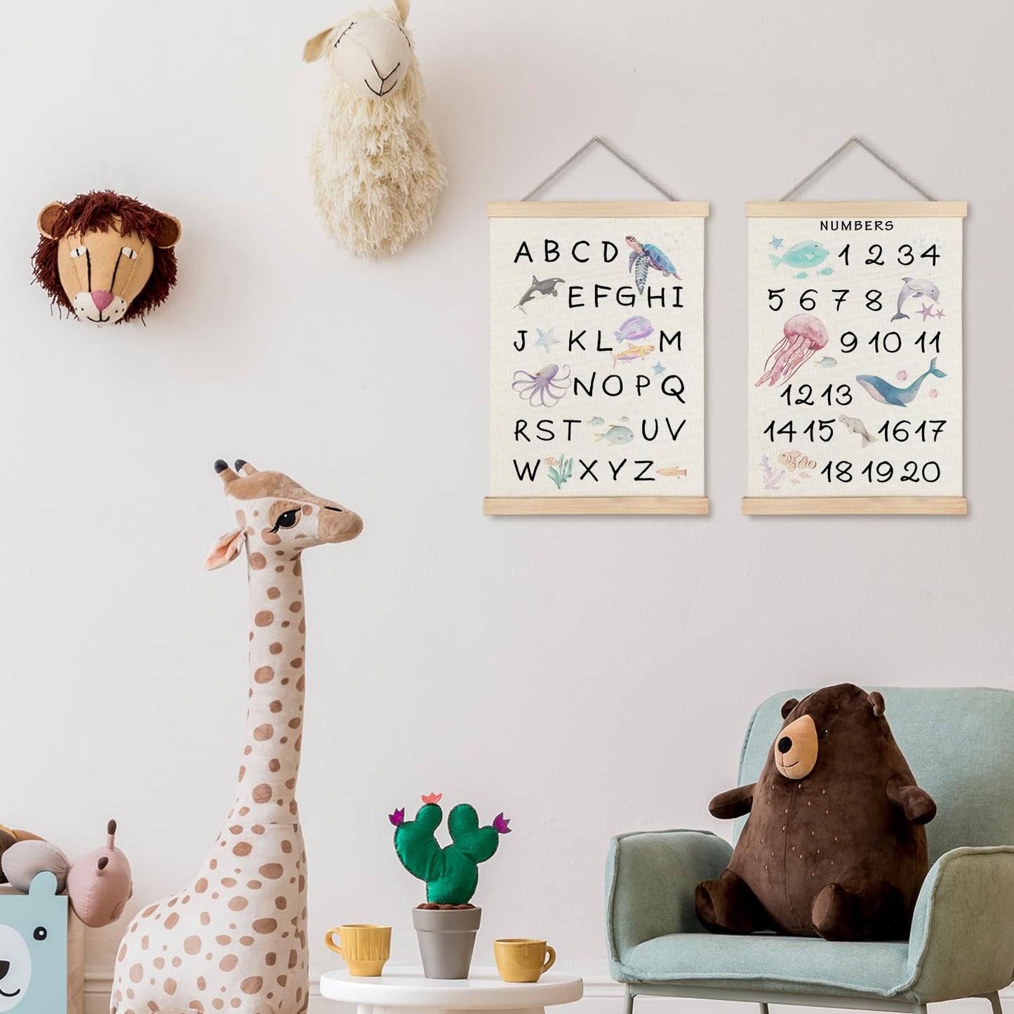Supwhd Ocean Nursery Decor, Alphabet Numbers Ocean Animals Poster Hanger Frame, Sea Animals ABC 123 Educational Wall Decor for Nursery Kids Room Playroom Classroom Homeschool, 16x24 Set of 2