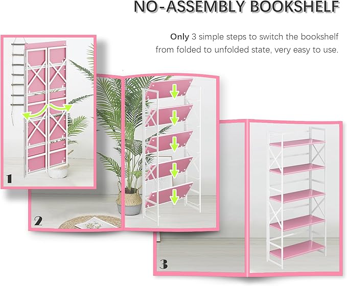 4NM 5 Tiers No Assembly Book Shelves, 51.2" H Folding Bookshelf Bookcase Open