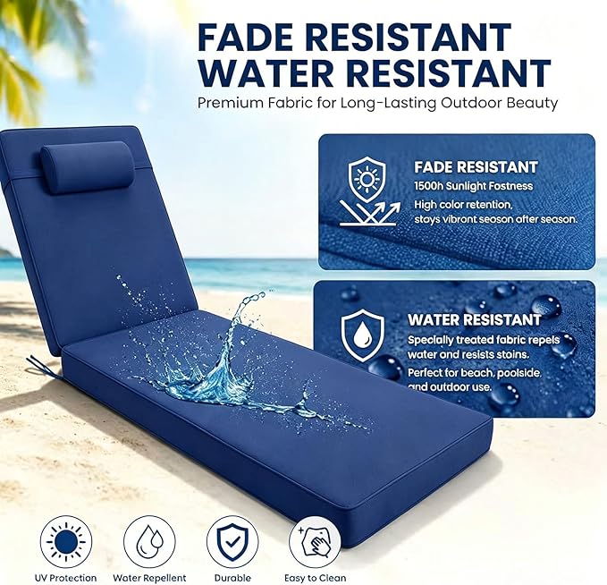 Chaise Lounge Cushion for Outdoor Furniture, Waterproof, Fade-Resistant and